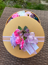 soap flowers in large gold coloured hat box - pink