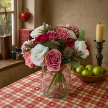 Artificial Pink & White Rose Bouquet in Glass Vase – Realistic Faux Flower Arrangement for Home Décor
