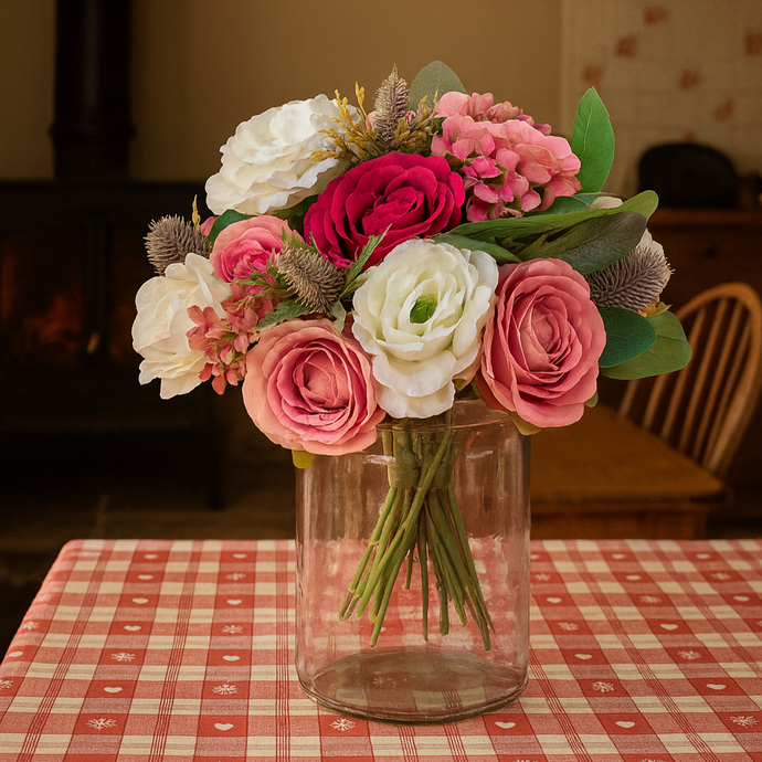 Bouquet of pink, white, and red flowers in a clear vase on a checkered tablecloth with a clock and picture frame in the background.