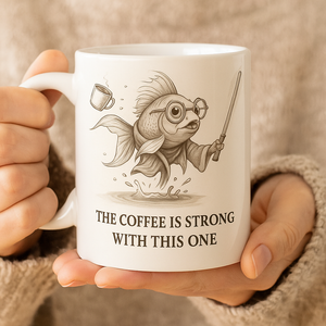 Funny Goldfish Mug & Coaster Set – "The Coffee is Strong With This One" – Star Wars Inspired Gift – Geeky Coffee Mug 11oz + Fabric Rubber-Backed Mat