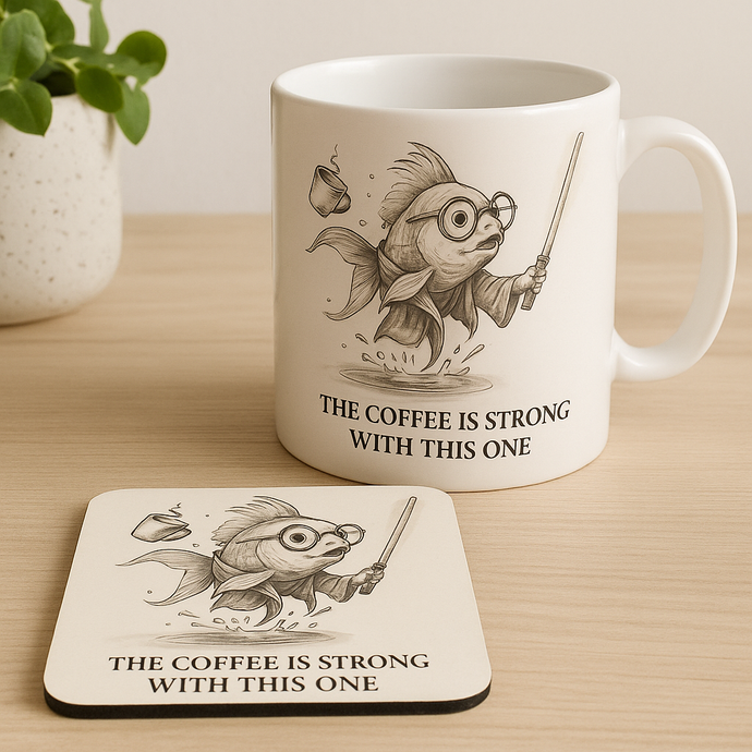 Mug and coaster set with a fish design and text 'The coffee is strong with this one' on a wooden surface.