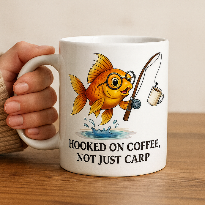 Funny HOOKED ON COFFEE NOT JUST CARP Fisherman ceramic Mug Gift