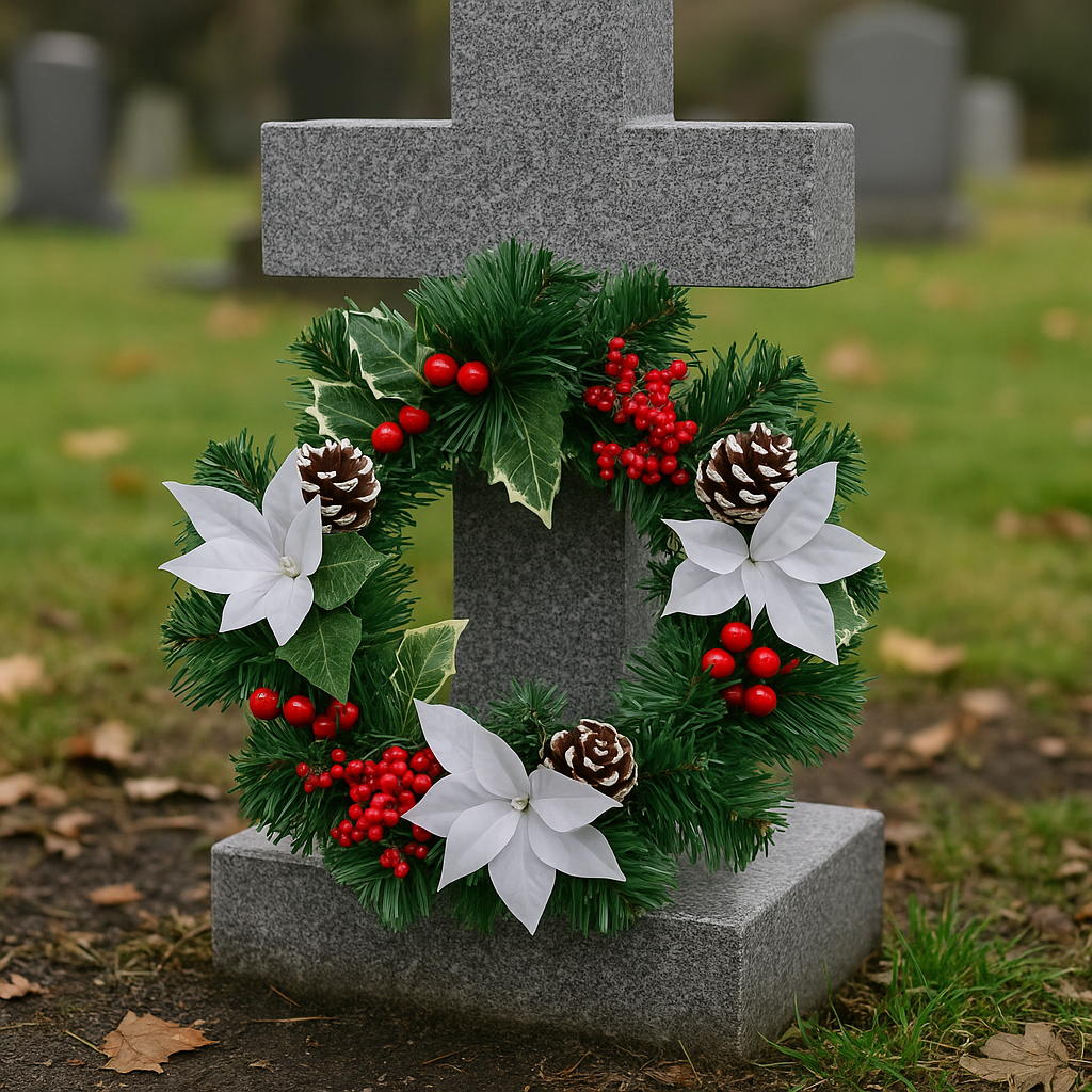 Decorative wreath with greenery, red berries, and white flowers on a gravestone in a cemetery.