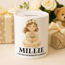 White money box with a flowergirl design and text, thankyou gift for bridesmaid