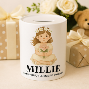 White money box with a flowergirl design and text, thankyou gift for bridesmaid