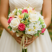 a brides wedding bouquet of artificial pink & ivory hydrangea roses & lily