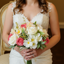 a brides wedding bouquet of artificial pink & ivory hydrangea roses & lily