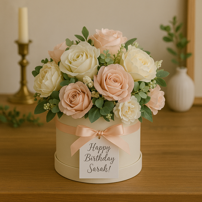 Floral arrangement in a box with a 'Happy Birthday Sarah!' tag on a wooden surface.