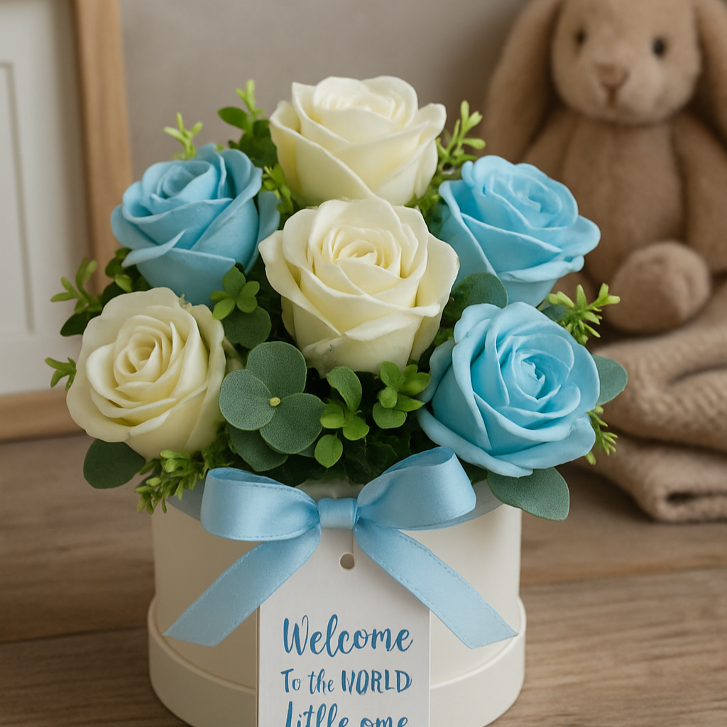 Bouquet of blue and white roses with a baby shower message tag, placed on a wooden surface.