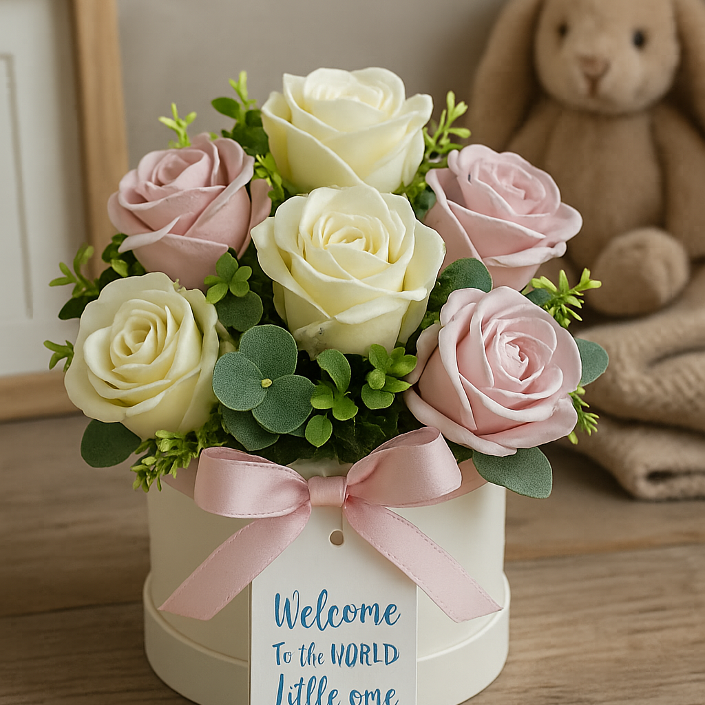 Bouquet of pink and white roses with a pink bow in a hat box, accompanied by a 'Welcome to the World Little One' tag, on a wooden surface.