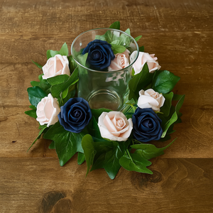 a blush and navy rose candle wreath ideal as table centre for reception or wedding