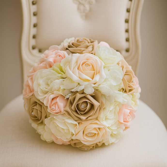 A wedding bouquet featuring artificial peach biege and champagne rose flowers