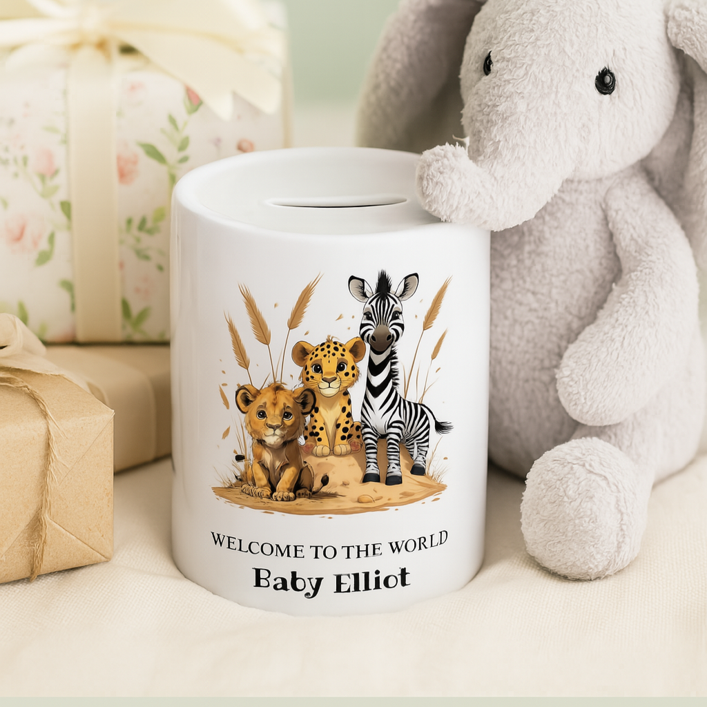 White mug with baby animals illustration and text, placed next to a plush elephant toy on a light surface.