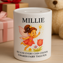 White money box with fairy design and 'PERSONALISED CHILDS NAME, 