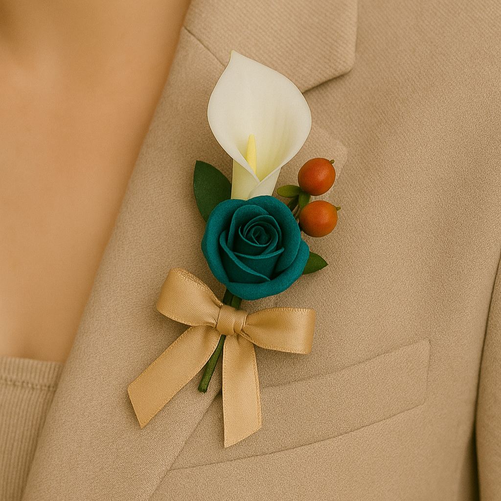 wedding corsage features ivory, pink rose, and calla lily