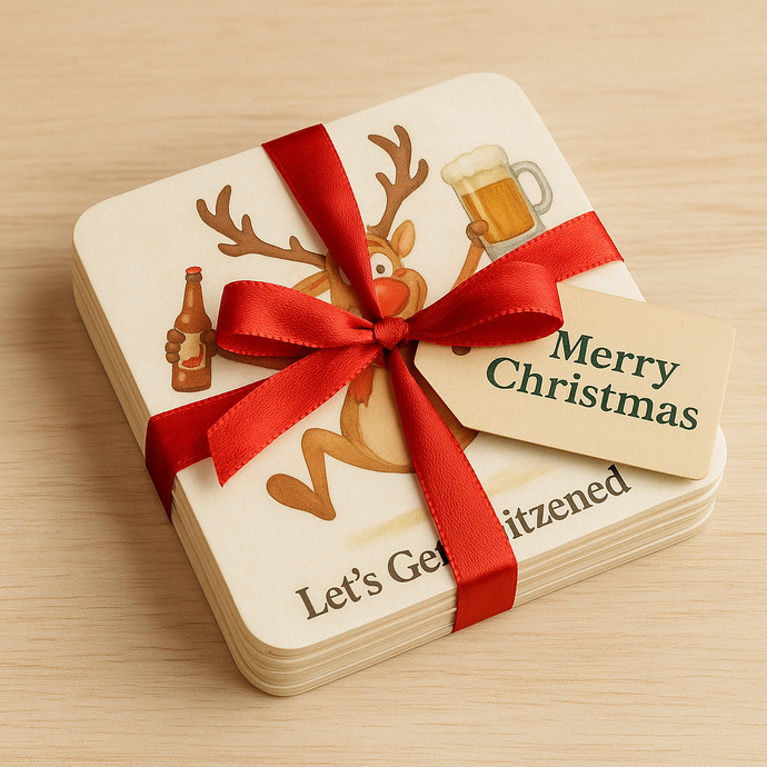 Funny Christmas Coaster Set – Humorous reindeer Beer Mat Set