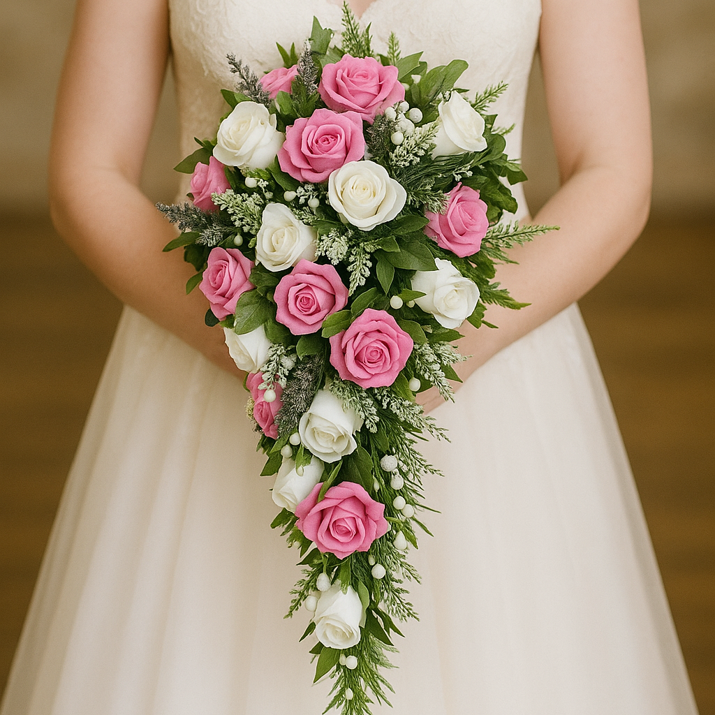 A teardrop bouquet collection of ivory and pink artificial roses
