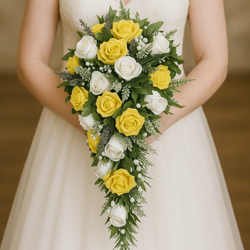 a teardrop bouquet of yellow and ivory roses