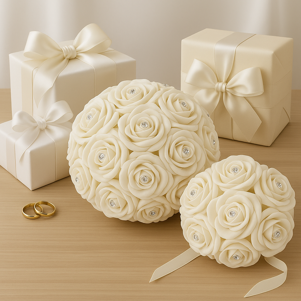 A wedding bouquet collection of ivory foam roses with diamante centres