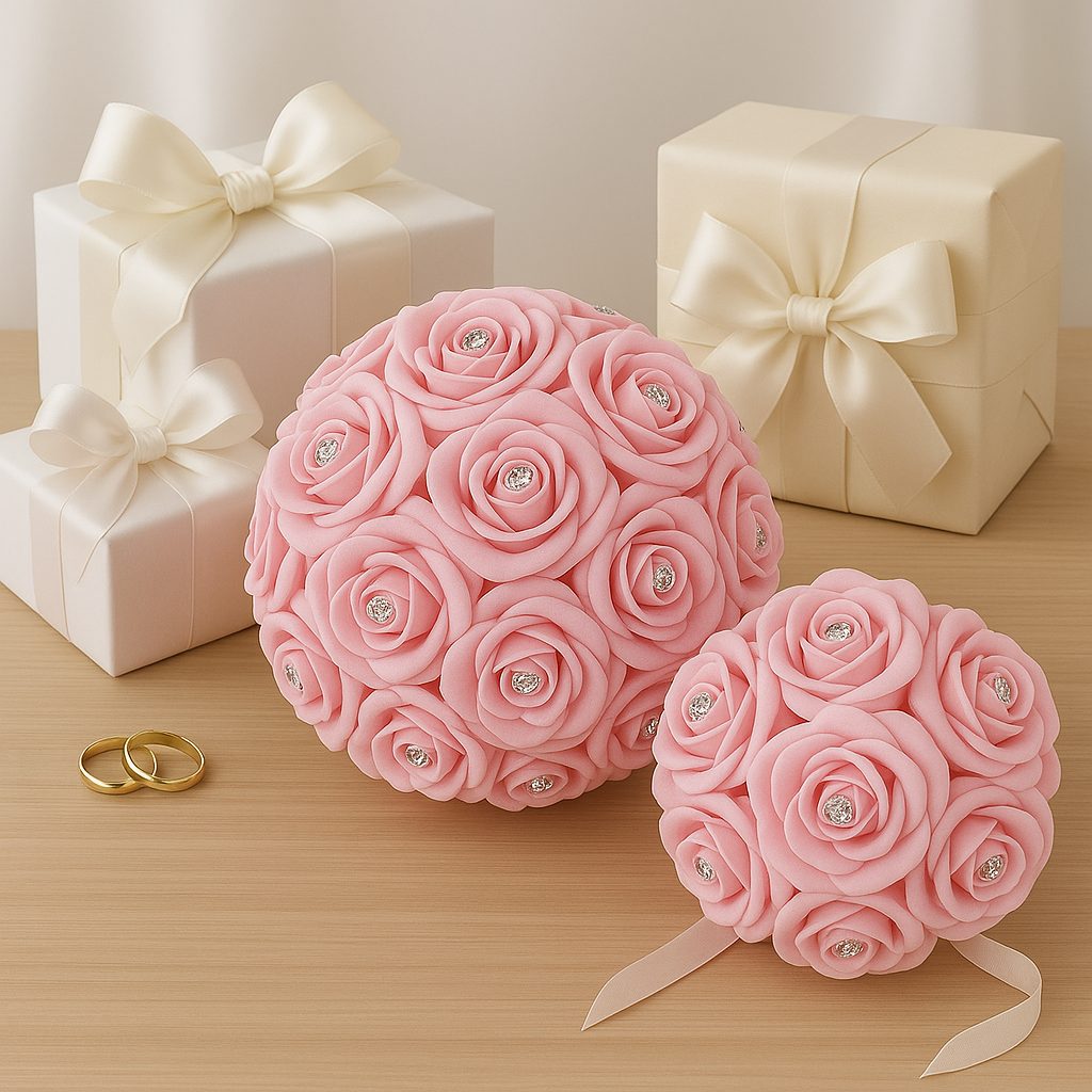A wedding bouquet collection of pink foam roses with diamante centres