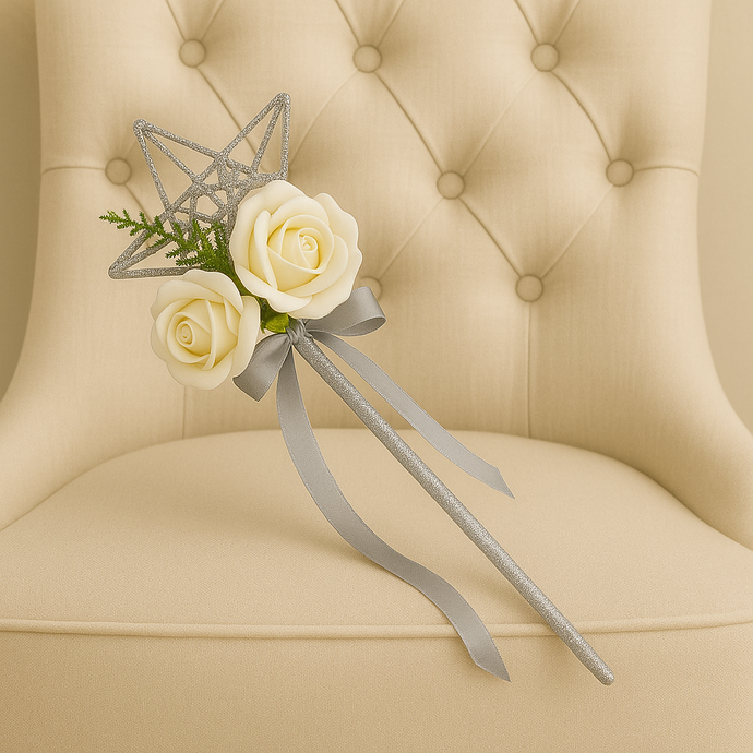 A bridesmaids star wand with ivory roses & silver ribbon handle