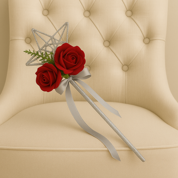 A bridesmaids star wand with red roses & silver ribbon handle
