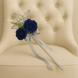 A bridesmaids star wand with navy roses & silver ribbon handle