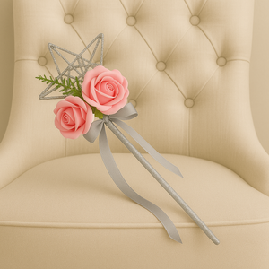 A bridesmaids star wand with pink roses & silver ribbon handle