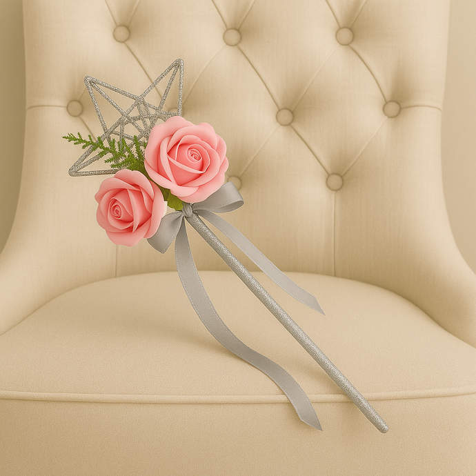 A bridesmaids star wand with pink roses & silver ribbon handle