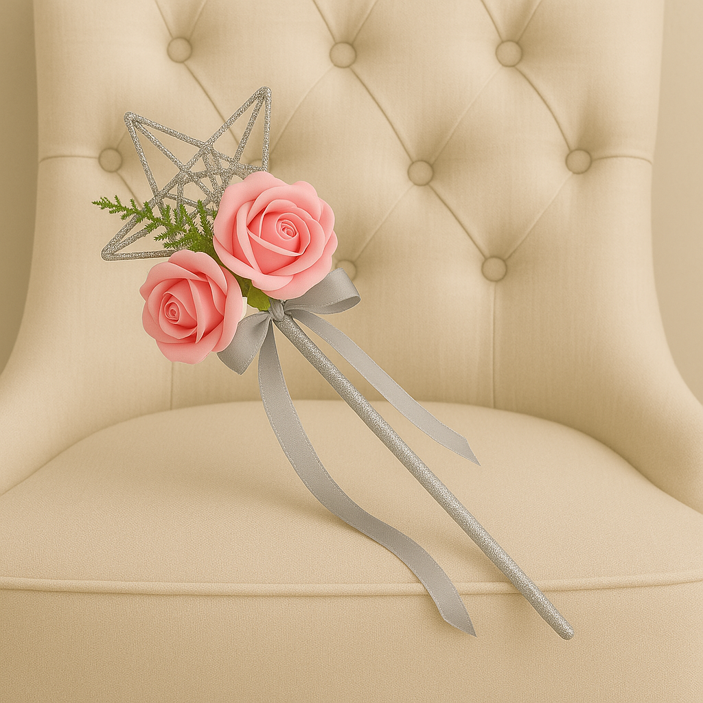 A bridesmaids star wand with pink roses & silver ribbon handle