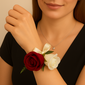 wrist corsage of faux silk burgundy and ivory roses on pearl bracelet
