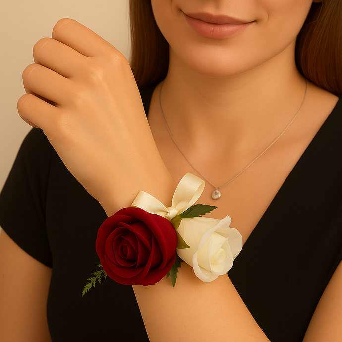 wrist corsage of faux silk burgundy and ivory roses on pearl bracelet