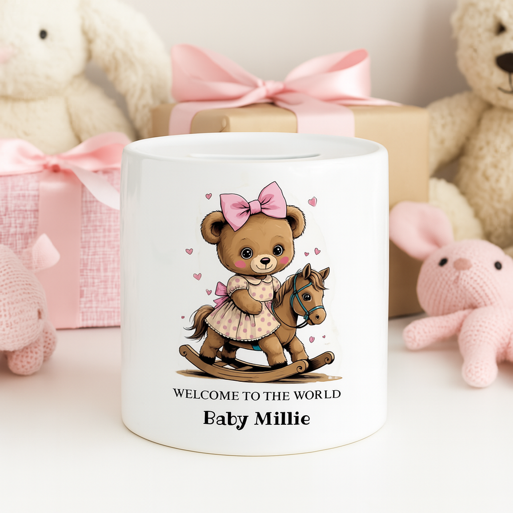 Personalised teddy Money Box - new baby girl gift