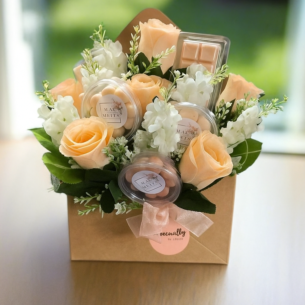 wax melts and peach faux silk roses in a gift box for her