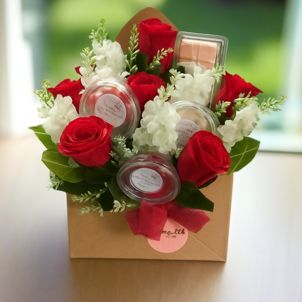 wax melts and faux silk red roses in gift box