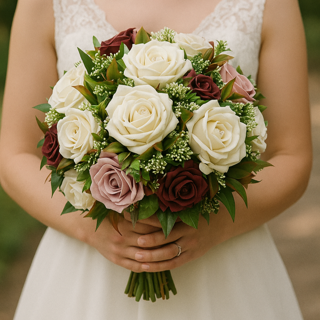 Handcrafted Wedding Bouquet collection featuring ivory pink and burgundy roses