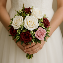 Handcrafted Wedding Bouquet collection featuring ivory pink and burgundy roses