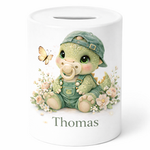 Personalised Dinosaur Money Box – Baby Boy Keepsake Gift – Custom Name Piggy Bank