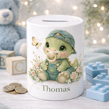 Personalised Dinosaur Money Box – Baby Boy Keepsake Gift – Custom Name Piggy Bank