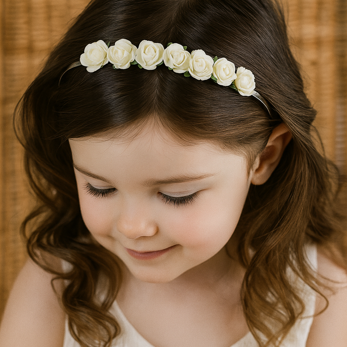 Young girl wearing a floral headband against a wooden background