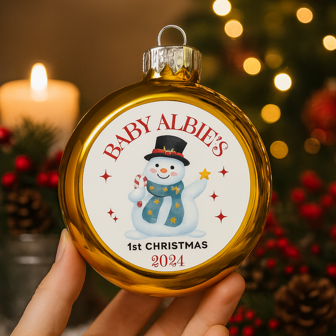 Baby’s First Christmas Bauble 2025 – Personalised snowman Ornament Keepsake, 1st Xmas Gift, Gold Christmas Tree Decoration (Copy)