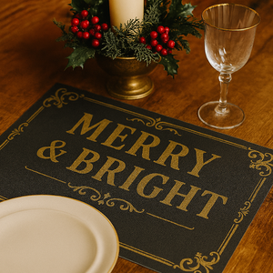 Set of 4 Merry & Bright Christmas Placemats – Laminated Wipe Clean Mats, Reusable Festive Table Decor in Charcoal & Gold