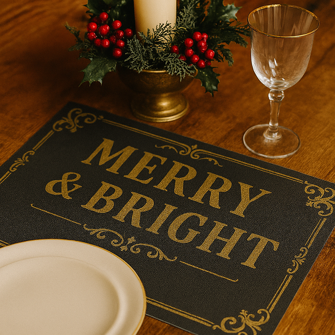 Set of 4 Merry & Bright Christmas Placemats – Laminated Wipe Clean Mats, Reusable Festive Table Decor in Charcoal & Gold