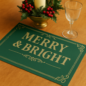 Set of 4 Merry & Bright Christmas Placemats – Festive Table Decor in forest green & Gold