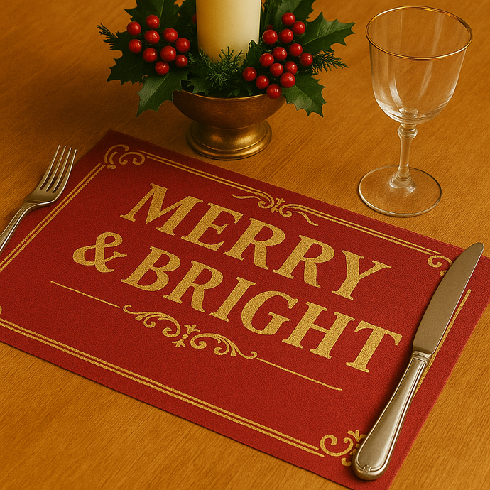 Set of 4 Merry & Bright Christmas Placemats – Festive Table Decor in deep red & Gold