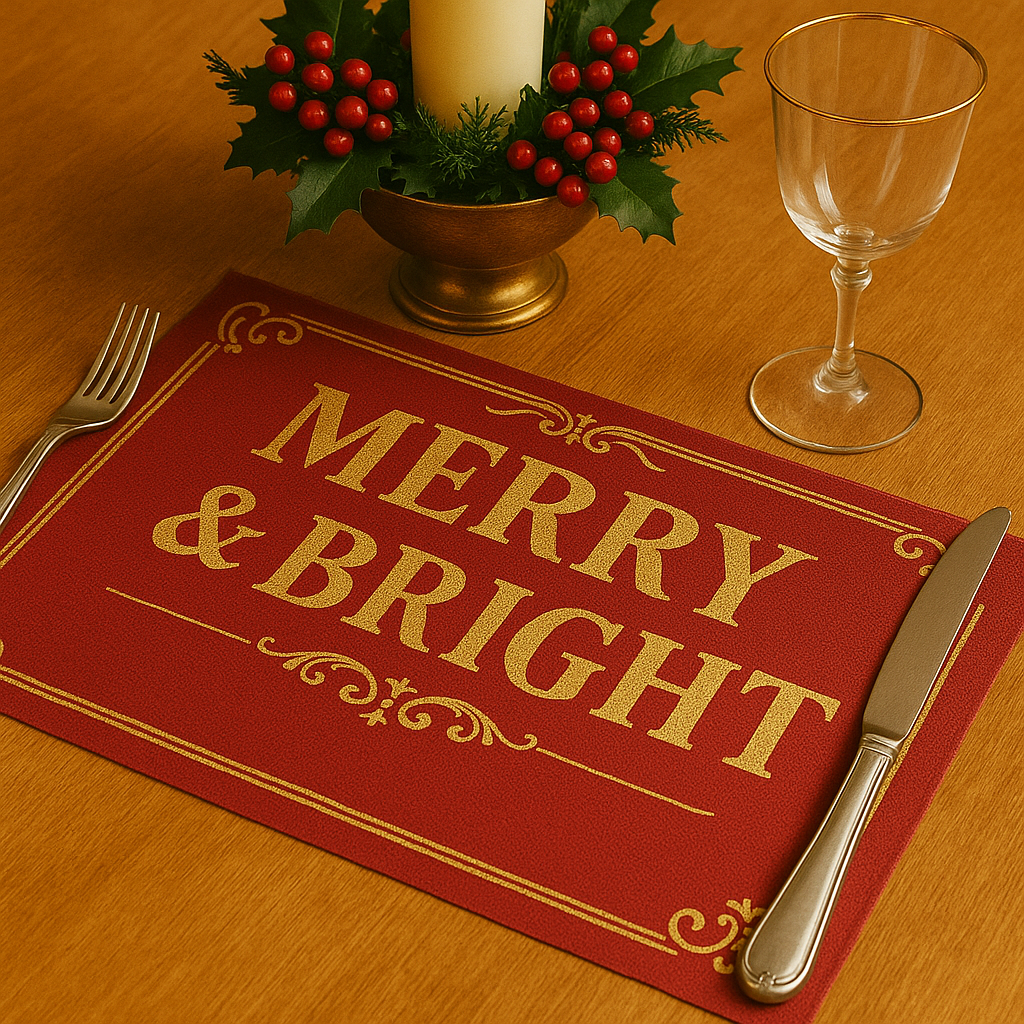 Set of 4 Merry & Bright Christmas Placemats – Festive Table Decor in deep red & Gold