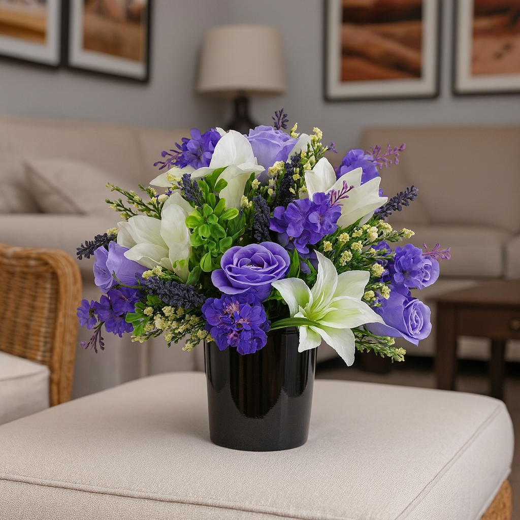 Posy arrangement of purple artificial faux silk lilies, roses and tulip flowers