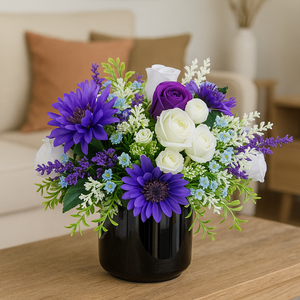 Artificial Purple & White Flower Arrangement in Glossy Black Pot – Silk Roses, Lilies & Greenery for your Home