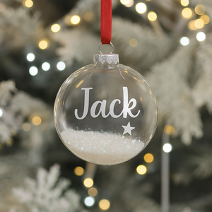 Luxury Personalised acrylic shatterproof Christmas Bauble Ornament with Name Star, Glitter Filled & gift boxed