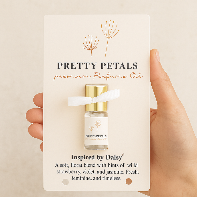 Pretty Petals premium perfume oil packaging held by a hand on a beige background